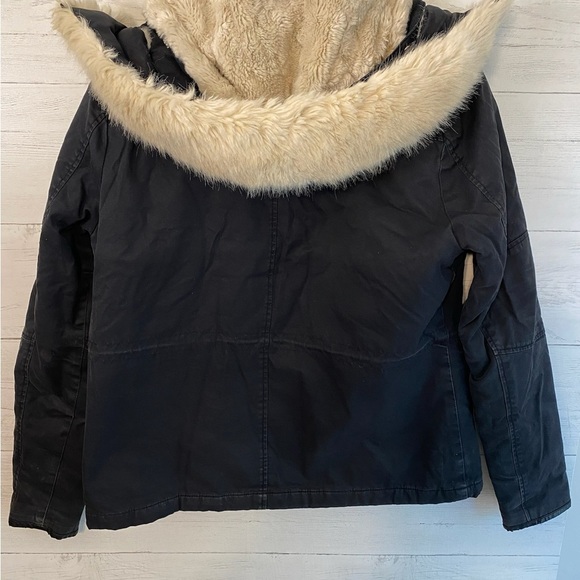 TOP SHOP Women Black Cotton Hooded Parka Jacket Sz 14 Faux Fur Lined Gold Zipper - Picture 10 of 13